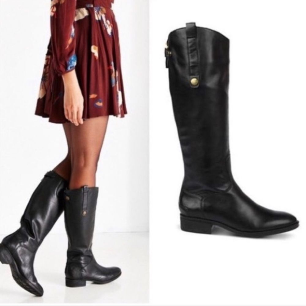 Sam Edelman PENNY Tall Black Leather Zip Up Heeled Riding Boots